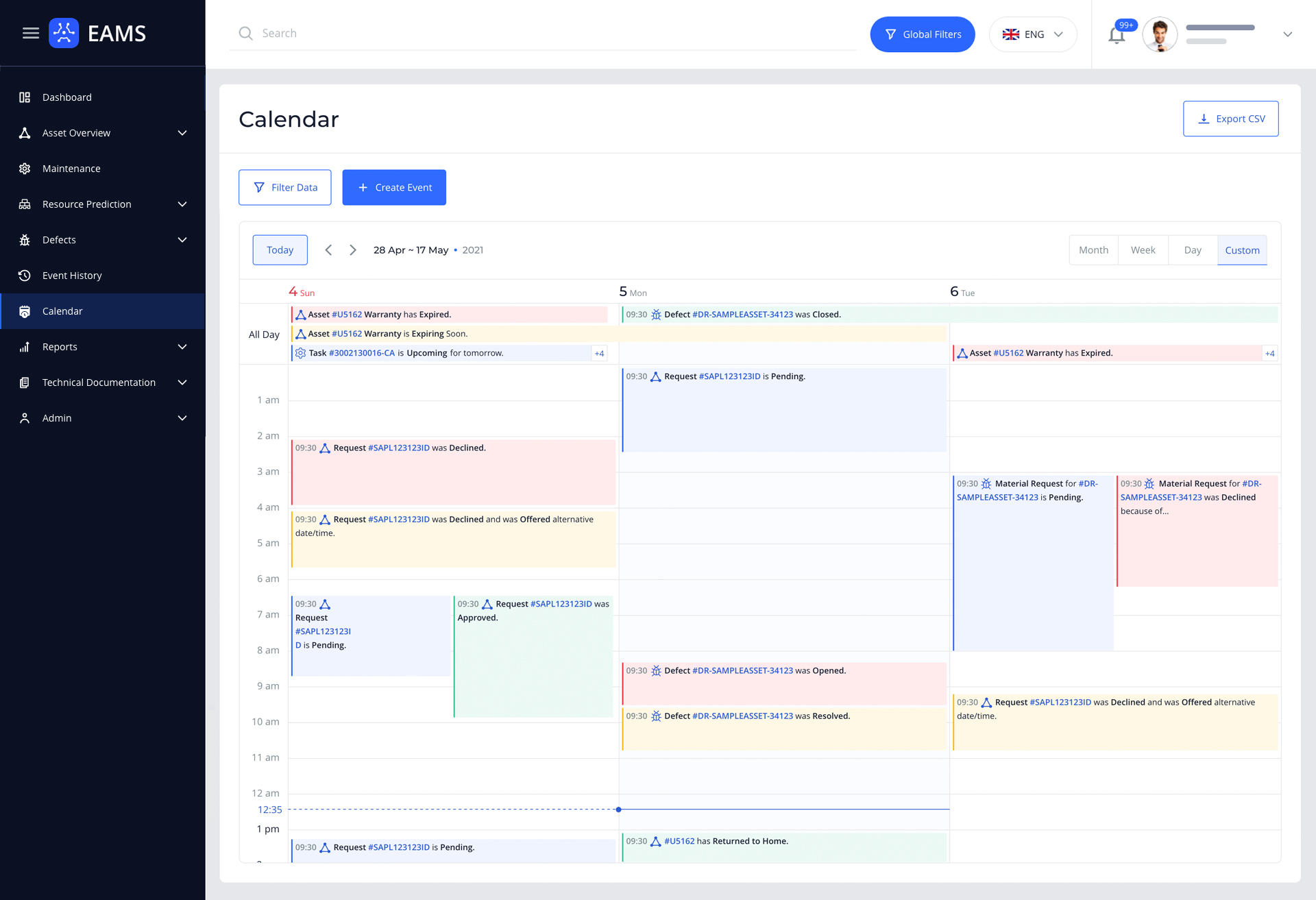 Enterprise Asset Management System (EAMS) Calendar Day View Example