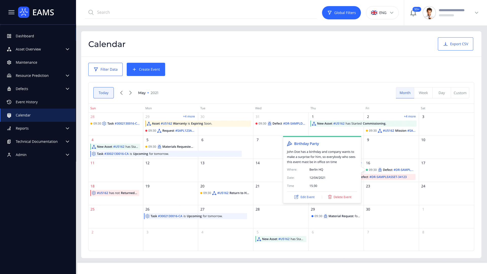 Enterprise Asset Management System (EAMS) Calendar Month View Example