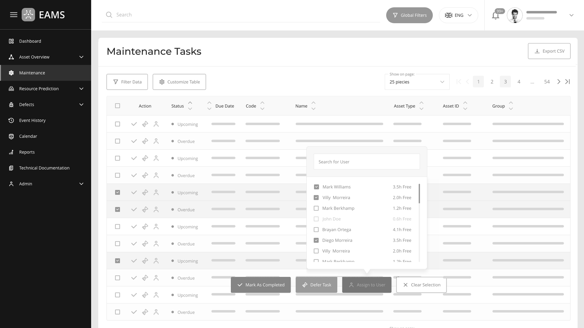 Enterprise Asset Management System (EAMS) Table Example in Grayscale